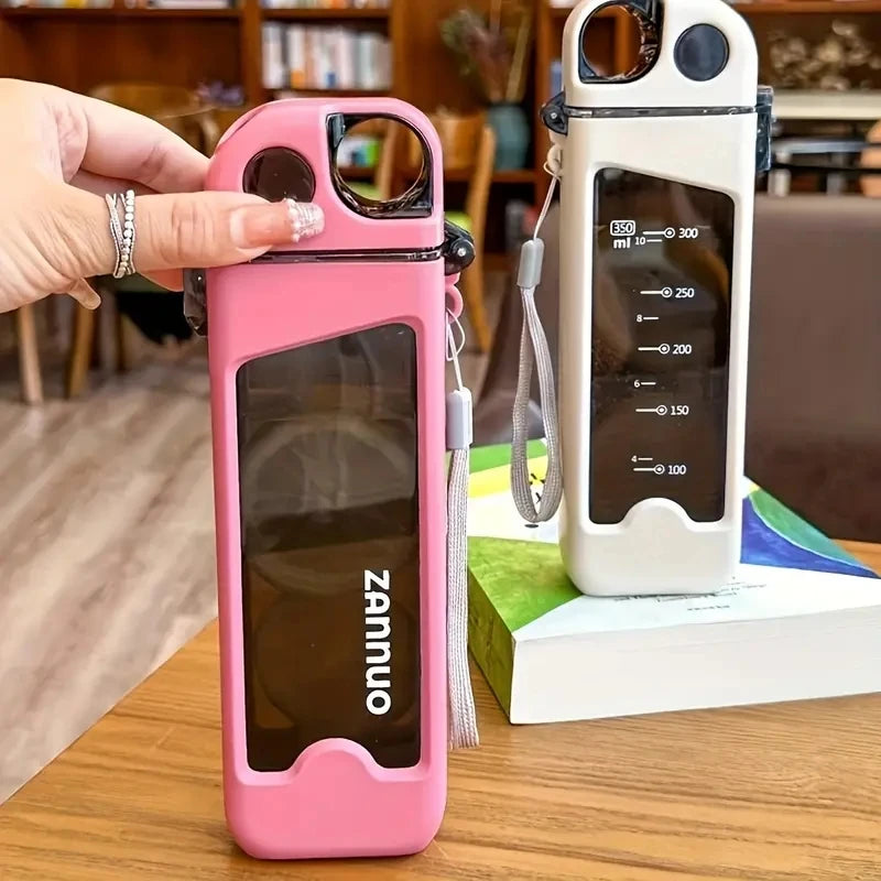 Leak-Proof Square Water Bottle with Lockable Lid & Measurements – Flat Design Suction Cup for Sports, Travel, Students & Gifts, 350ml
