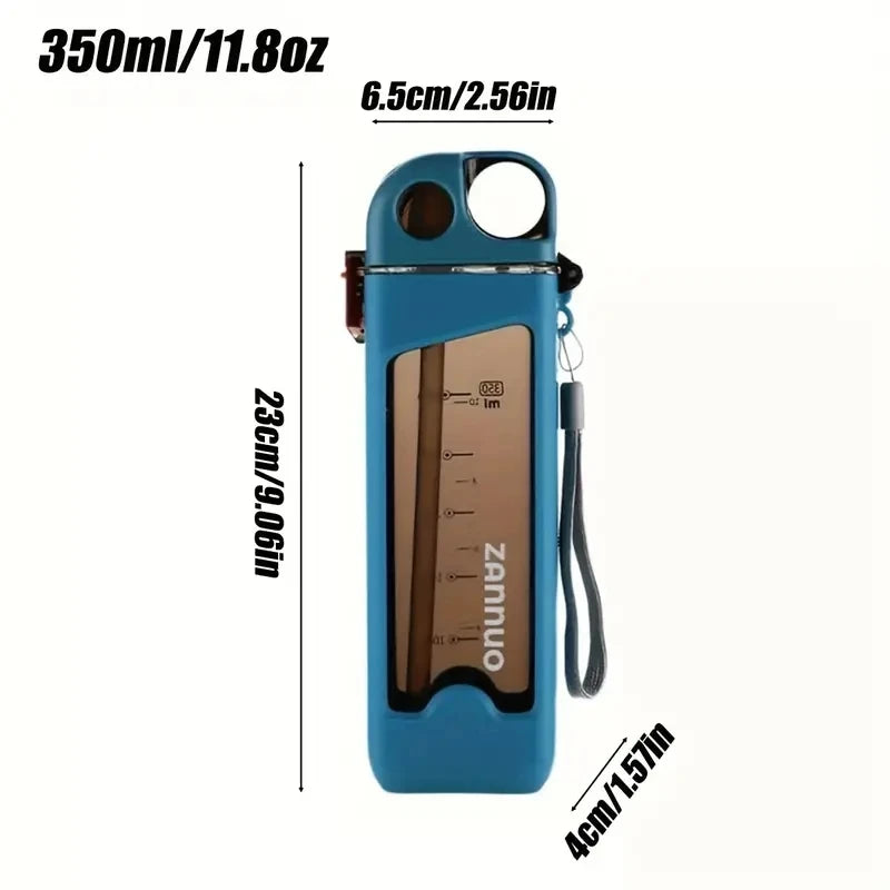 Leak-Proof Square Water Bottle with Lockable Lid & Measurements – Flat Design Suction Cup for Sports, Travel, Students & Gifts, 350ml