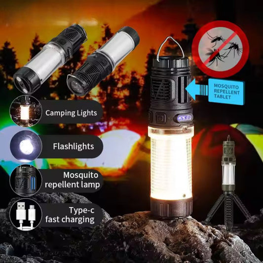 Outdoor Portable 3-in-1 Camping Light – USB Rechargeable LED Tent Lamp with Mosquito Repellent, Strong Flashlight & 4000mAh Long-Endurance Battery