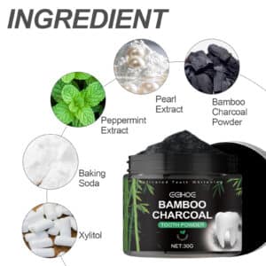 Natural ingredients of bamboo charcoal teeth whitening powder including peppermint pearl extract and baking soda