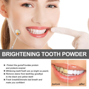 Before and after whitening results with bamboo charcoal teeth whitening powder showing brighter smile