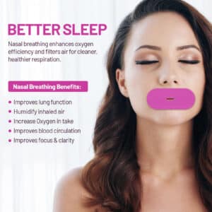 Woman wearing mouth tape for sleeping to support nasal breathing and promote better rest.