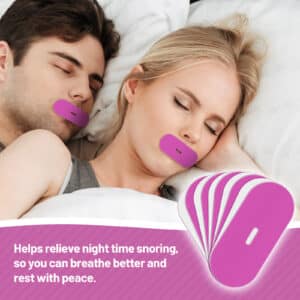 Couple sleeping with mouth tape for sleeping to encourage quiet, comfortable nighttime breathing.