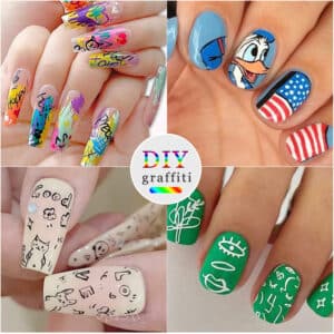 DIY graffiti nail art examples using colorful nail art pens