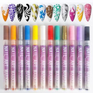 Nail art marker pens with sample nail designs in multiple colors