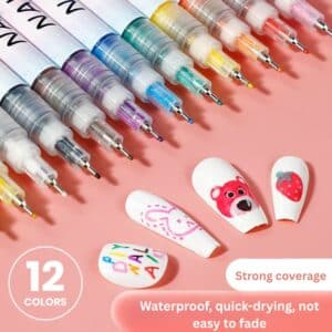 12-color nail art pen set with waterproof, quick-dry formula shown creating cute nail designs with strong coverage