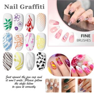 Collection of nail graffiti designs created with nail art pens
