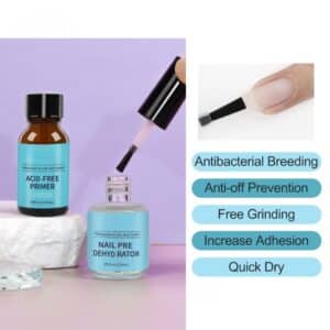 Nail primer and dehydrator set showing application and key benefits such as quick dry and strong adhesion