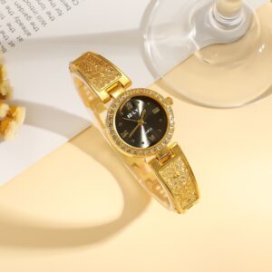 Women’s gold watch with black dial and crystal bezel