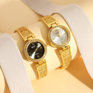 Luxury women’s gold diamond round dial watch on bracelet strap