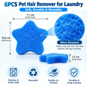Six-piece pet hair remover for laundry showing pad dimensions and textured surface