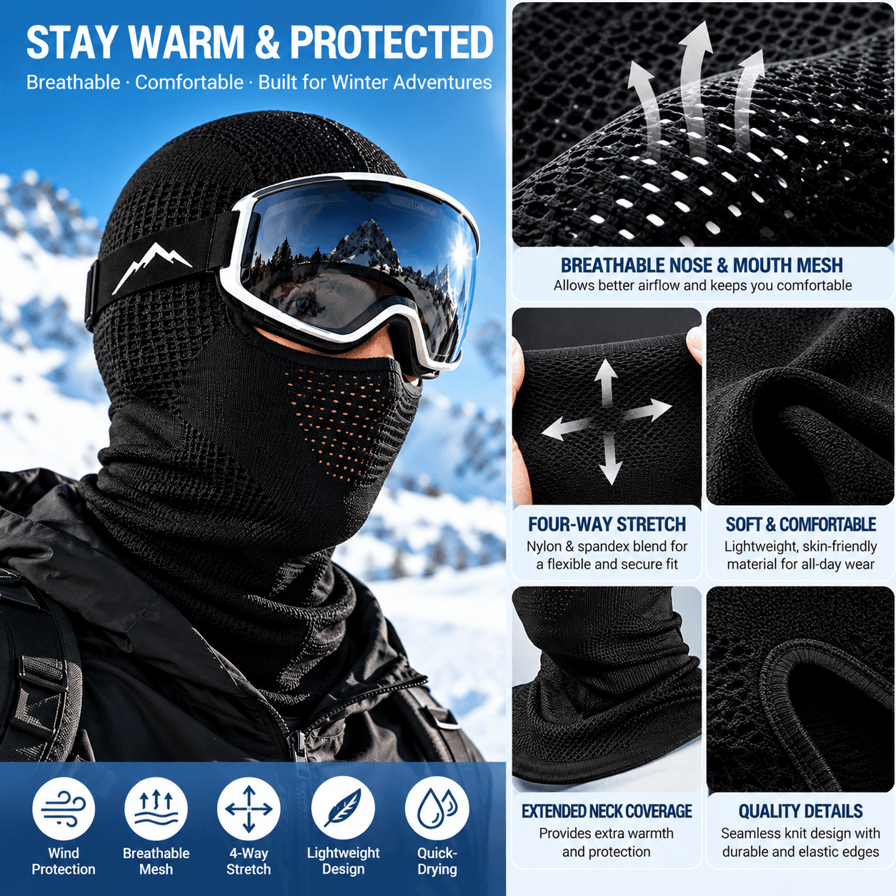 Black Ski Face Mask – Breathable Mesh and Stretch Fabric Black ski face mask with breathable mesh and four-way stretch