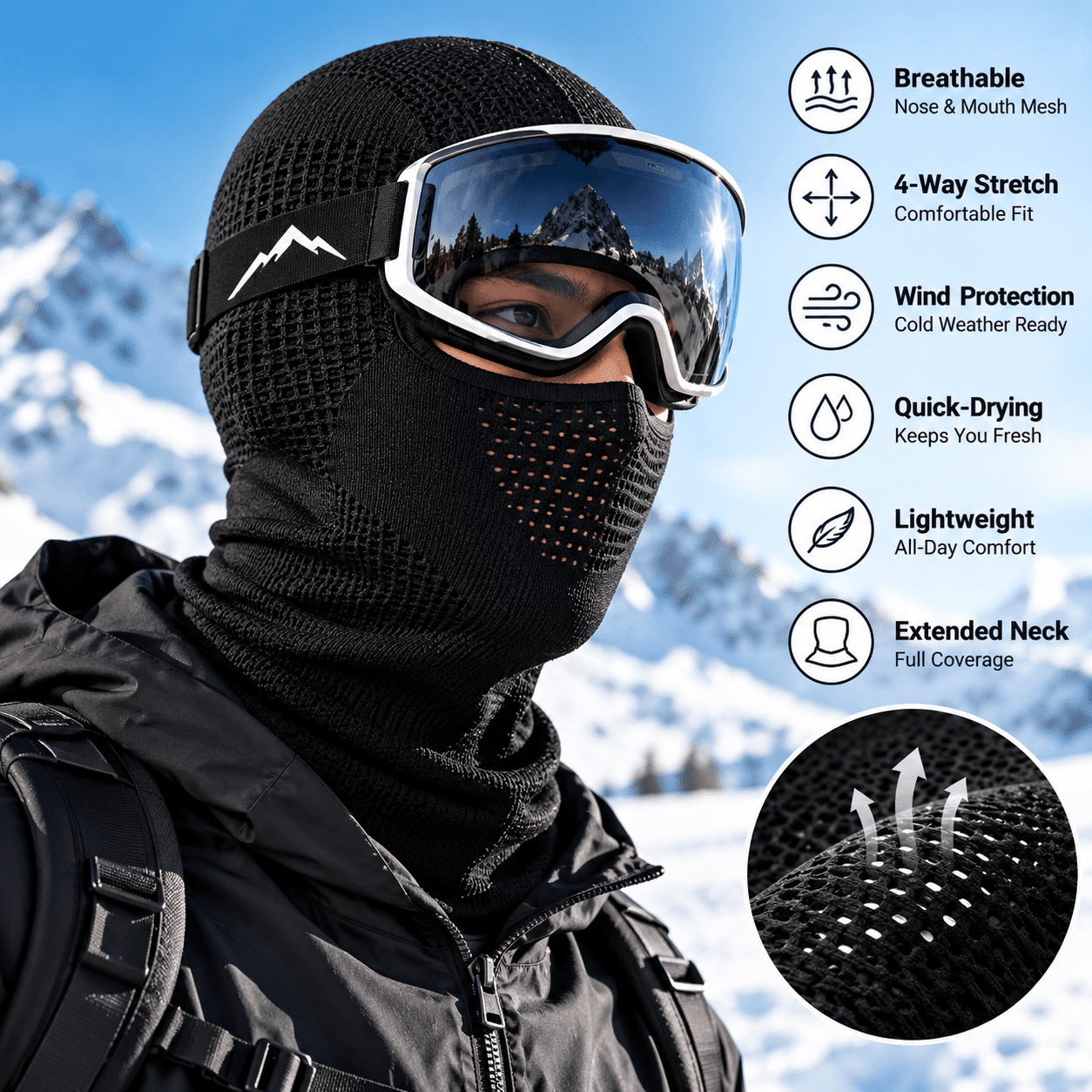 Black Ski Face Mask for Cold Weather – Breathable Balaclava Black ski face mask for cold weather with breathable mesh