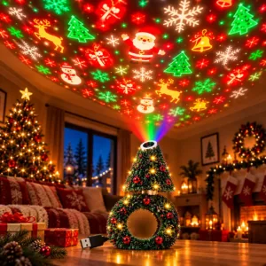 Christmas projector light displaying festive patterns on ceiling and wall
