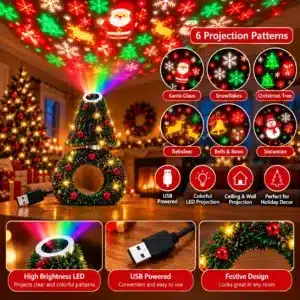 Christmas projector light with USB power, ceiling projection, and festive patterns