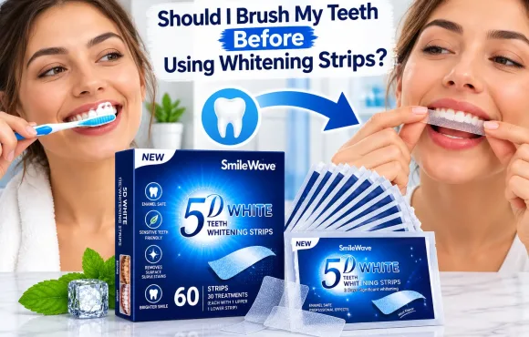 SmileWave 5D White teeth whitening strips with a toothbrush and whitening strip application