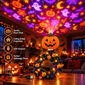 Halloween ceiling projector light projecting pumpkins, ghosts and bats