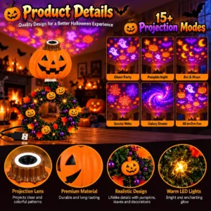 Halloween projector light with 15+ projection modes and festive features