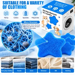 Blue pet hair remover for laundry with magnified fiber texture