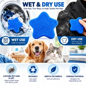 Blue star-shaped pet hair remover shown in a washing machine and on clothing