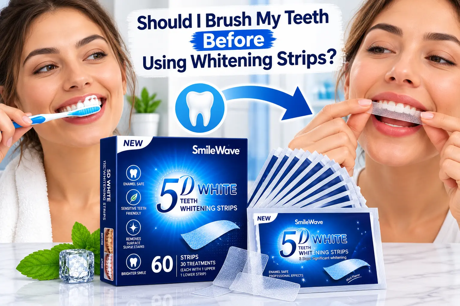 SmileWave 5D White teeth whitening strips with a toothbrush and whitening strip application